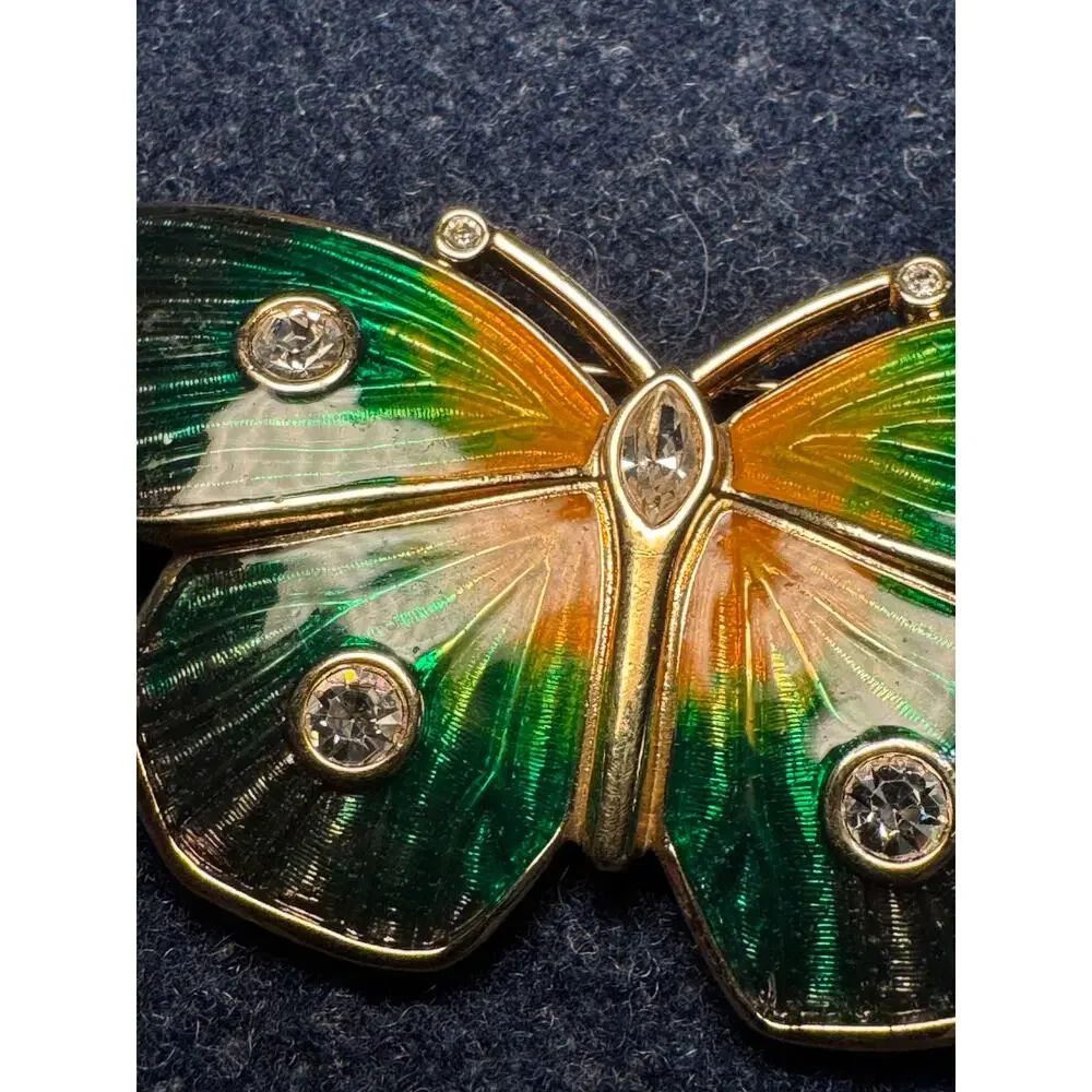 Swaroski Green Blue Yeall Enamel Butterfly Brooch Rhinestone Accents
